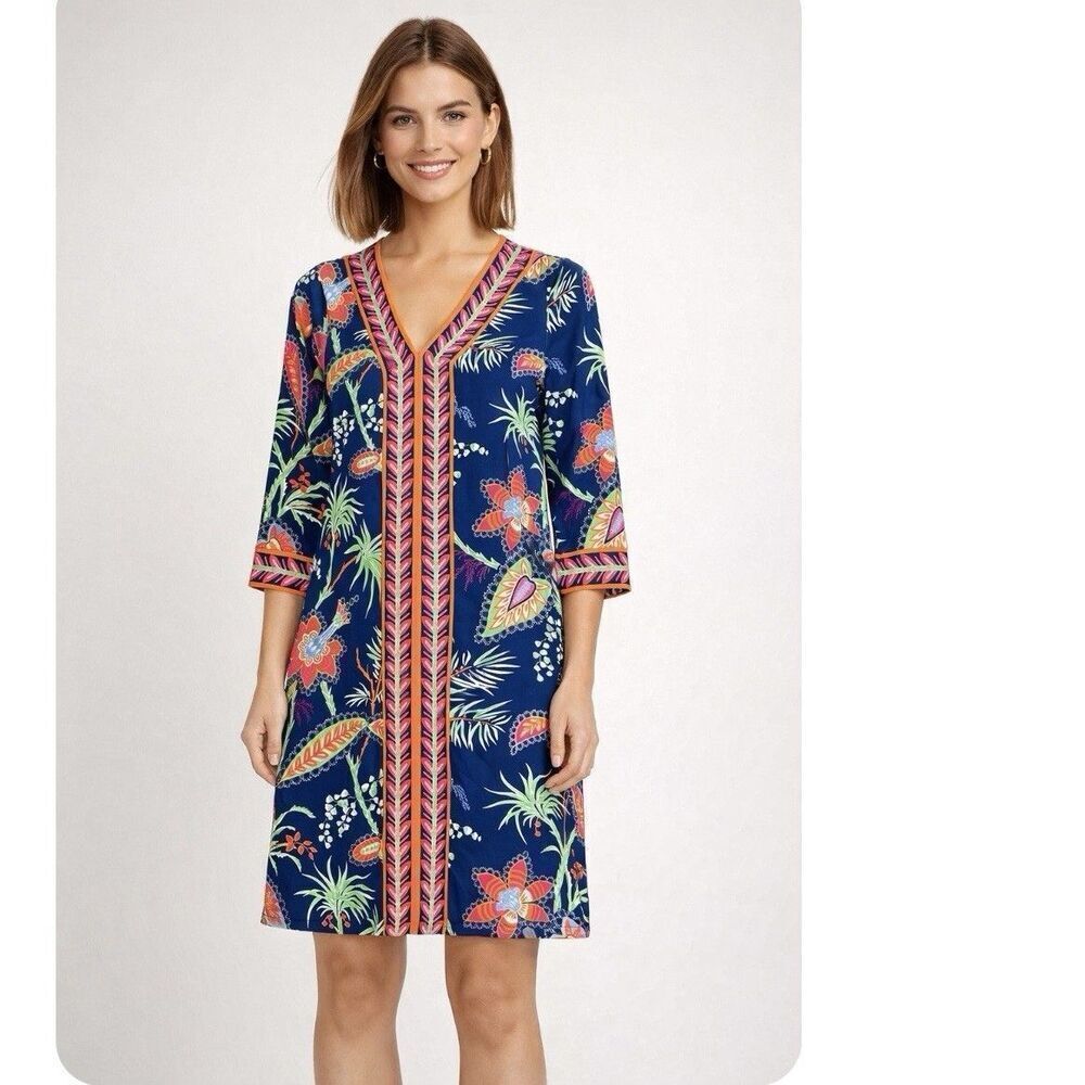 Gretchen Scott XS Tropical Floral Shift Dress Navy Pink Green Stretch 3/4 Sleeve